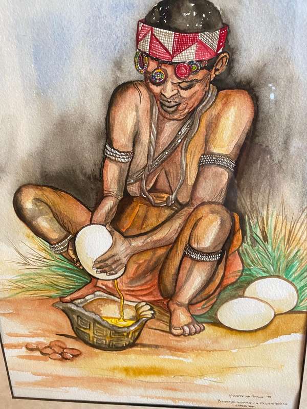 Original watercolour `Bushmen woman on food gathering exhibition`